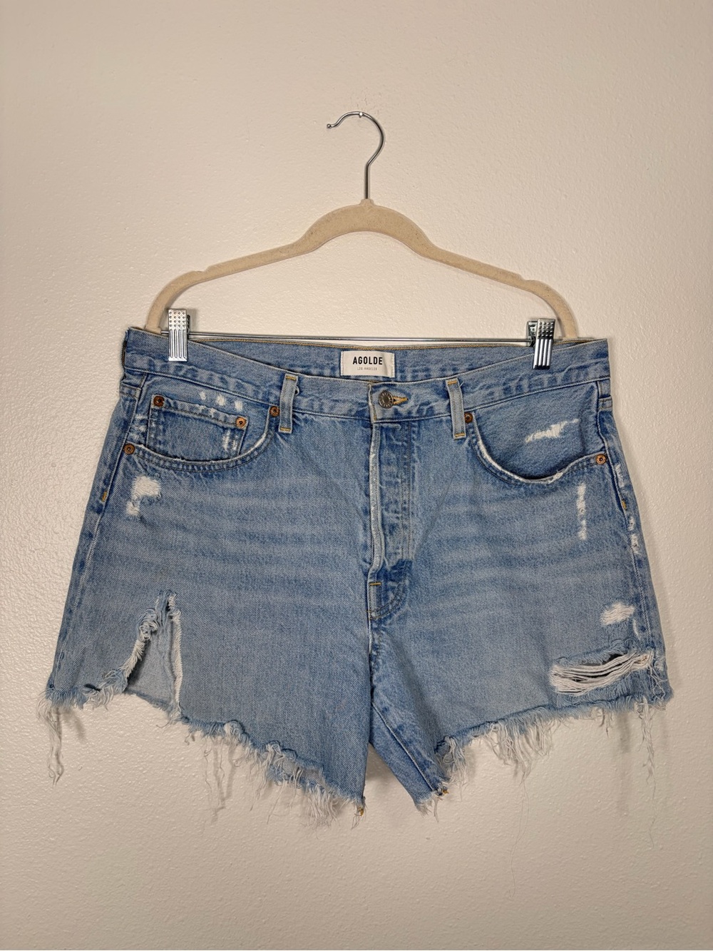 Agolde Light Wash Distressed High-Rise Denim Shorts Size 31